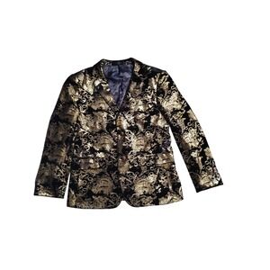 CloudStyle Mens Black Gold Floral Paisley Velvet Blazer Tuxedo Jacket Prom Party
